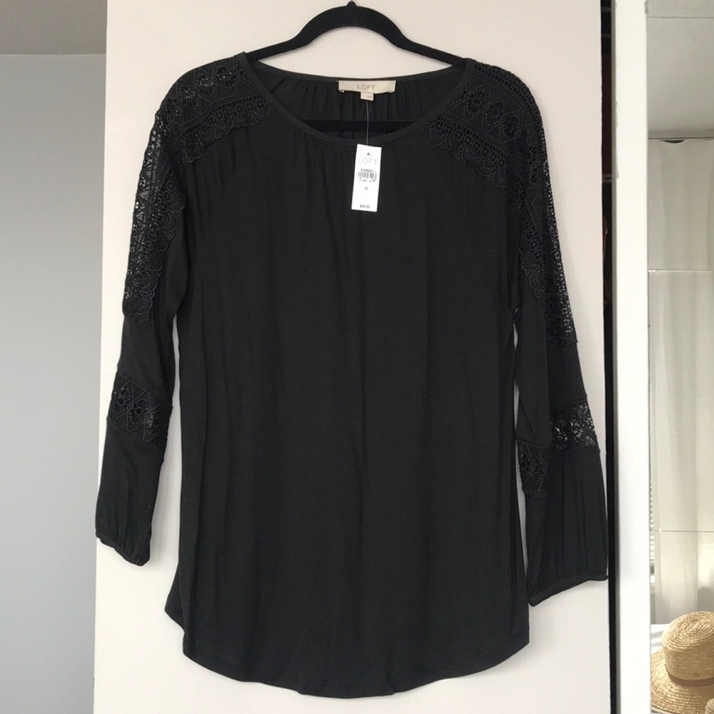 NWT Size L LOFT Black Embroidered Top